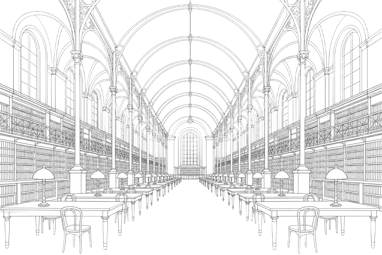 Illustrated view of a serene library reading room with tall arched windows and warm candlelight